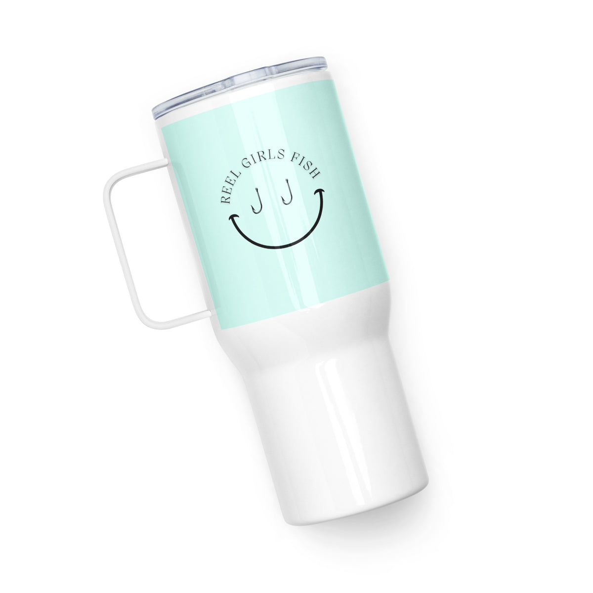 Reel Girls Fish Travel mug with a handle