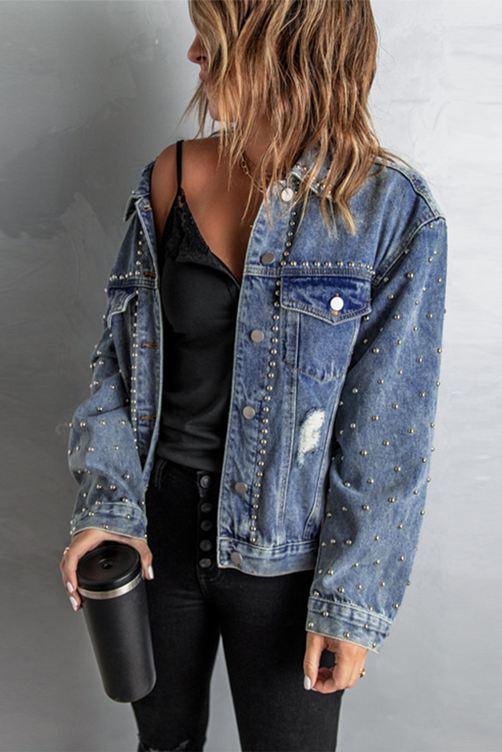 Studded Button Down Denim Jacket shopwtr