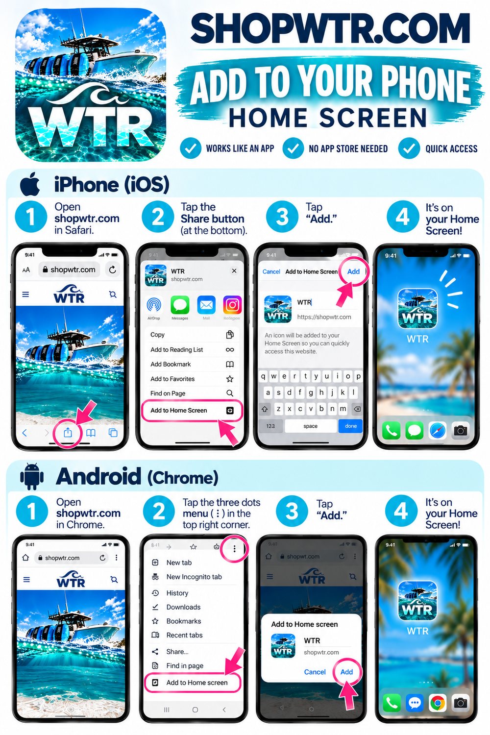 Step by step: open shopwtr.com in Safari on iPhone, tap Share, tap Add to Home Screen, tap Add. On Android in Chrome, tap the three dots menu, tap Add to Home screen, tap Add.