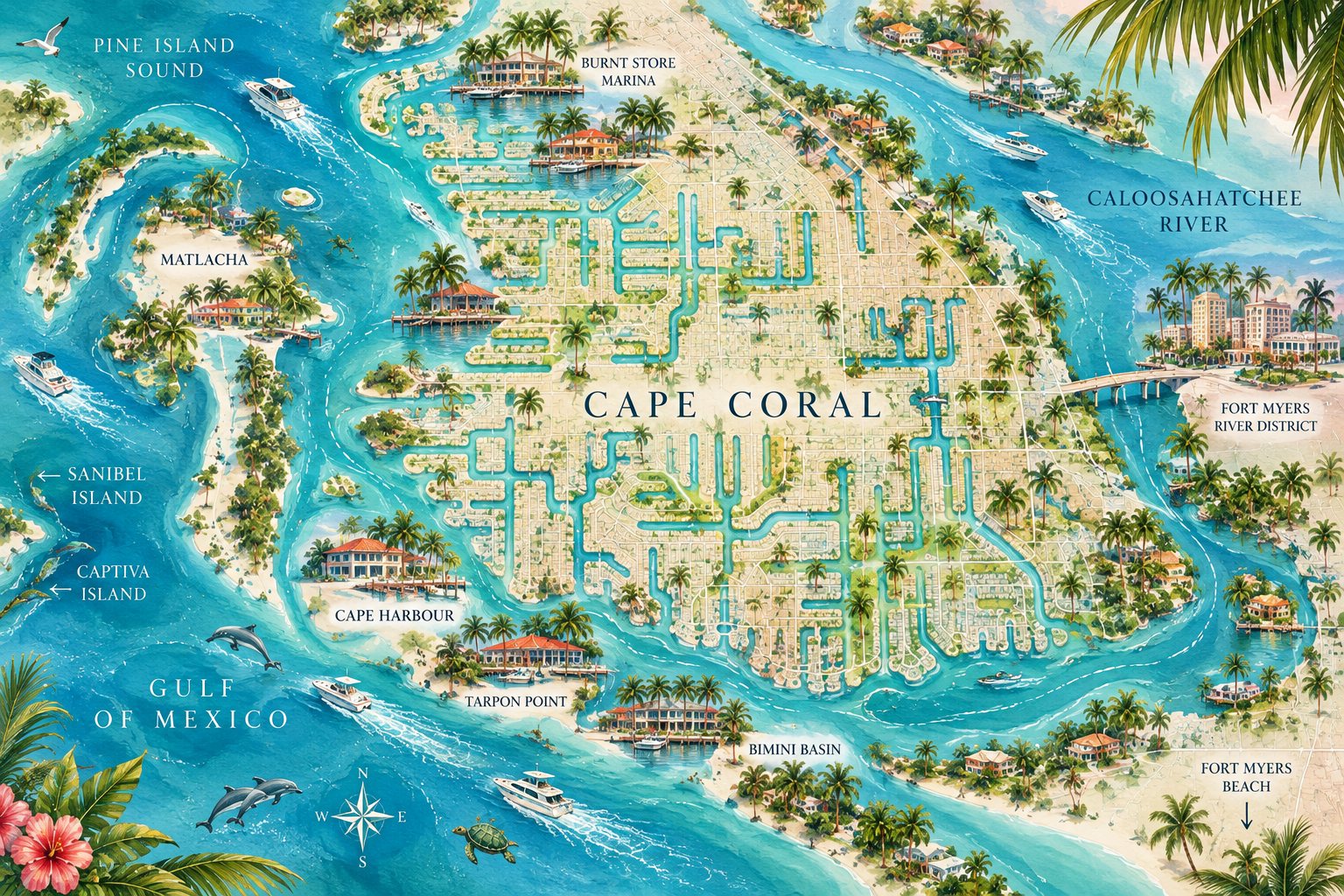 Illustrated map of Cape Coral, its canals, the Caloosahatchee River, Pine Island Sound, Matlacha, Cape Harbour, Tarpon Point and Bimini Basin
