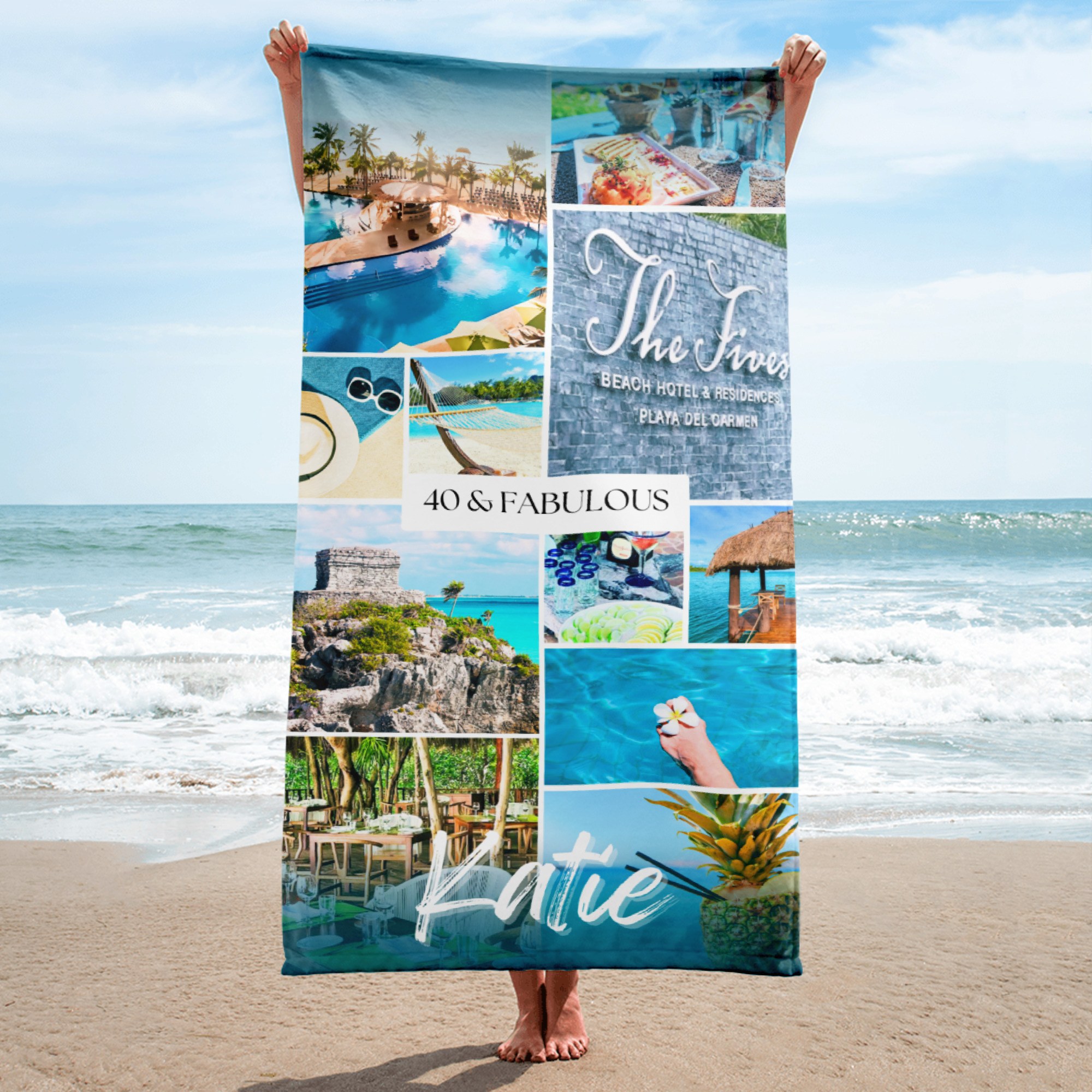 Custom 40th birthday photo-collage beach towel made for Katie's Playa del Carmen trip