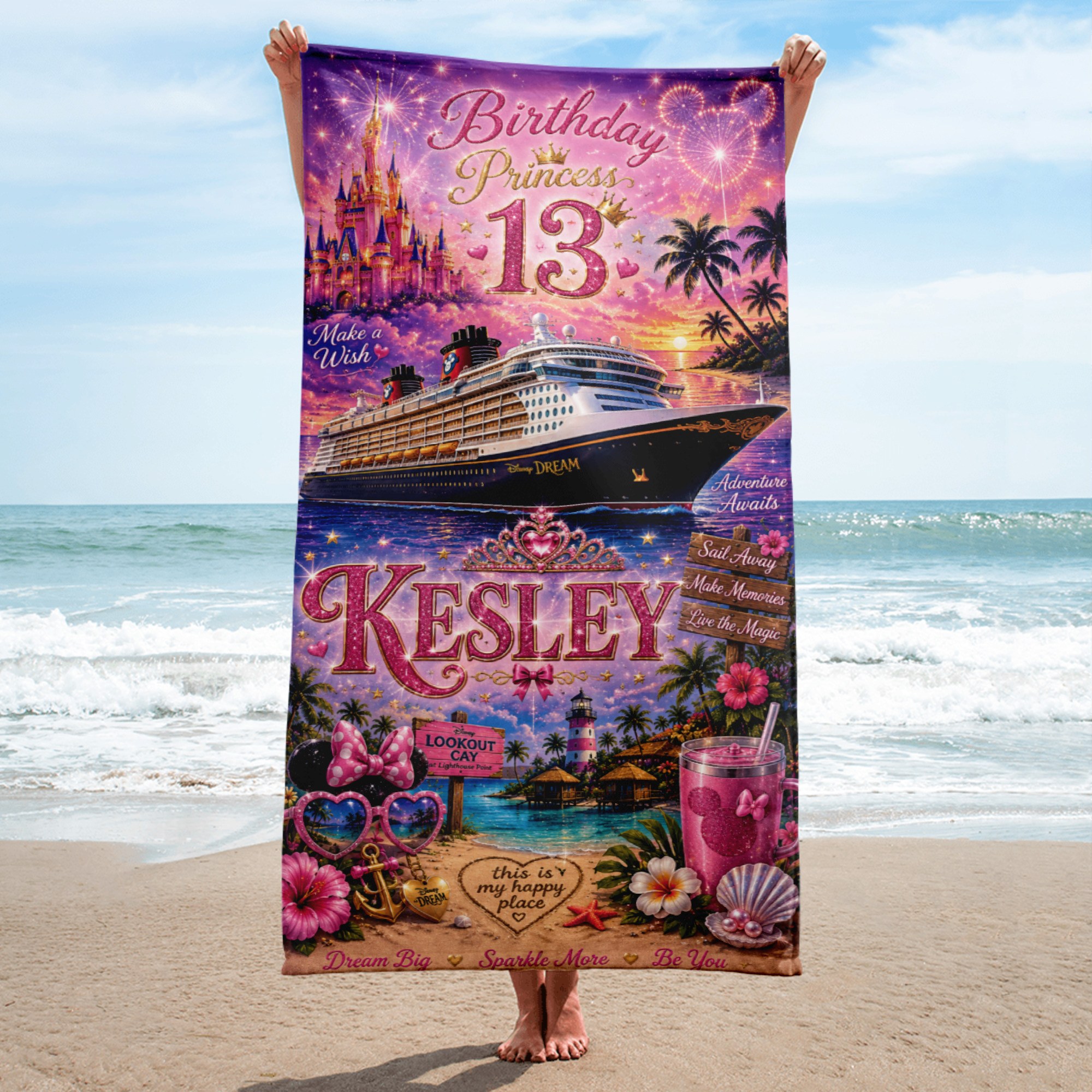 Custom 13th birthday Disney cruise beach towel made for Kesley