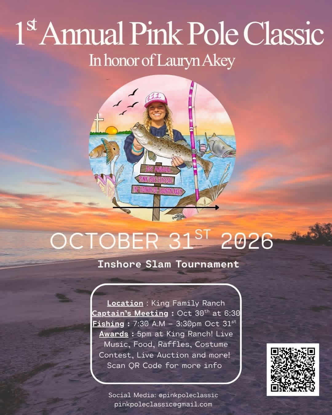 1st Annual Pink Pole Classic flyer: October 31, 2026, Inshore Slam Tournament at King Family Ranch, in honor of Lauryn Akey