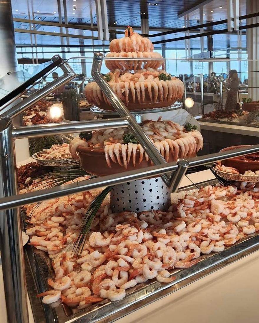 A tiered display of chilled shrimp at the buffet