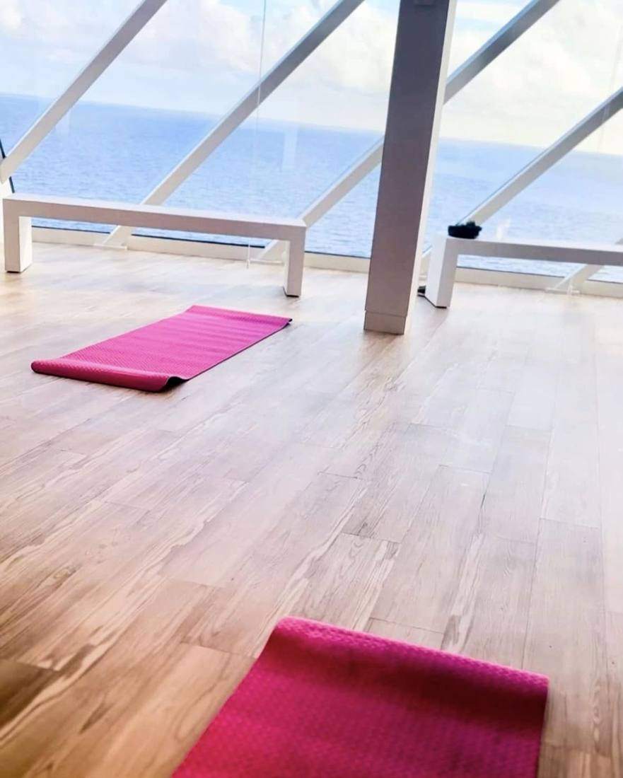 Pink yoga mats on a wood floor in front of ocean-view windows
