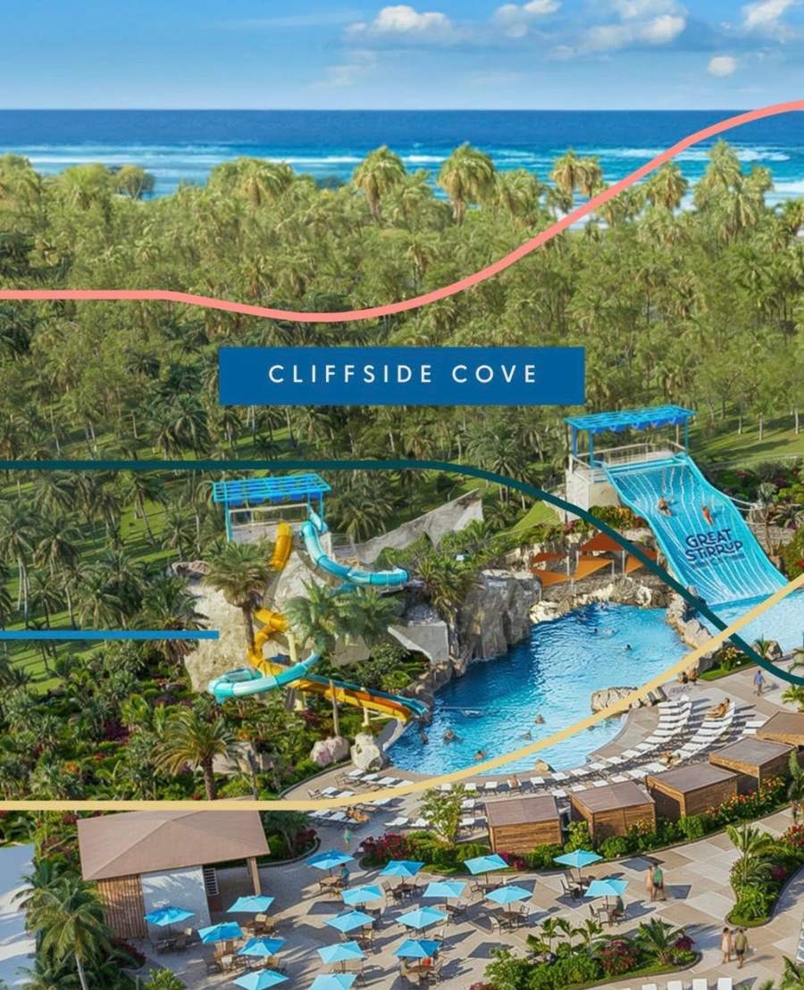 Illustrated aerial view of Cliffside Cove with a pool and slides