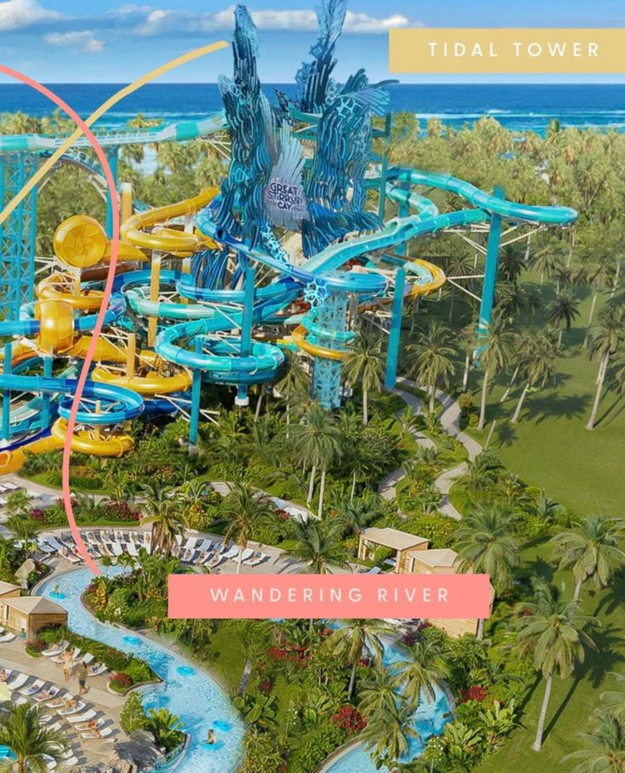 Illustrated aerial view of the Tidal Tower slides and Wandering River
