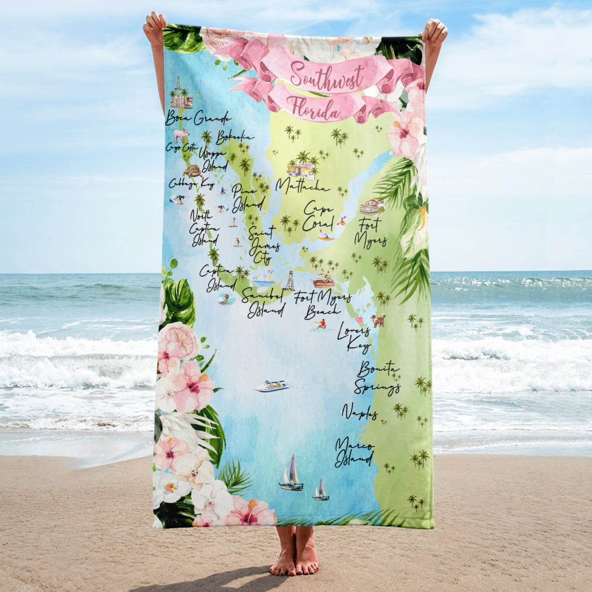 Southwest Florida watercolor map beach towel