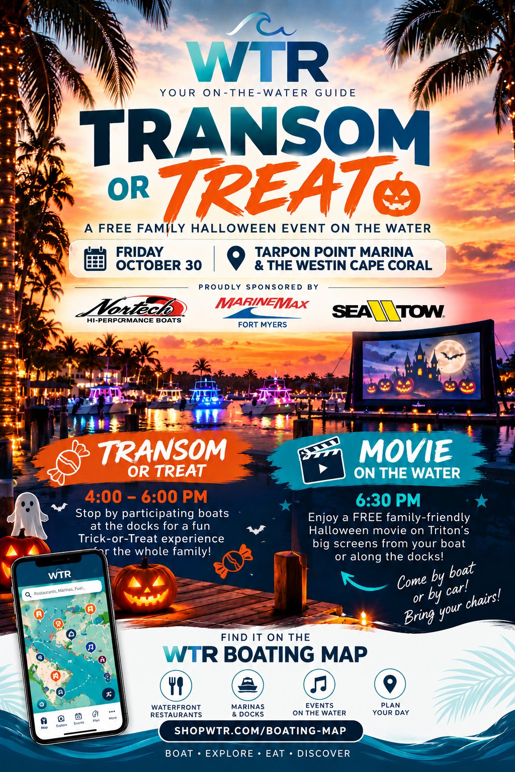 Transom or Treat flyer: free family Halloween event on the water, Friday October 30 at Tarpon Point Marina and The Westin Cape Coral